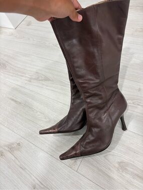 Women's Dark Brown Leather Pointed-Toe Knee-High Heeled Boots
